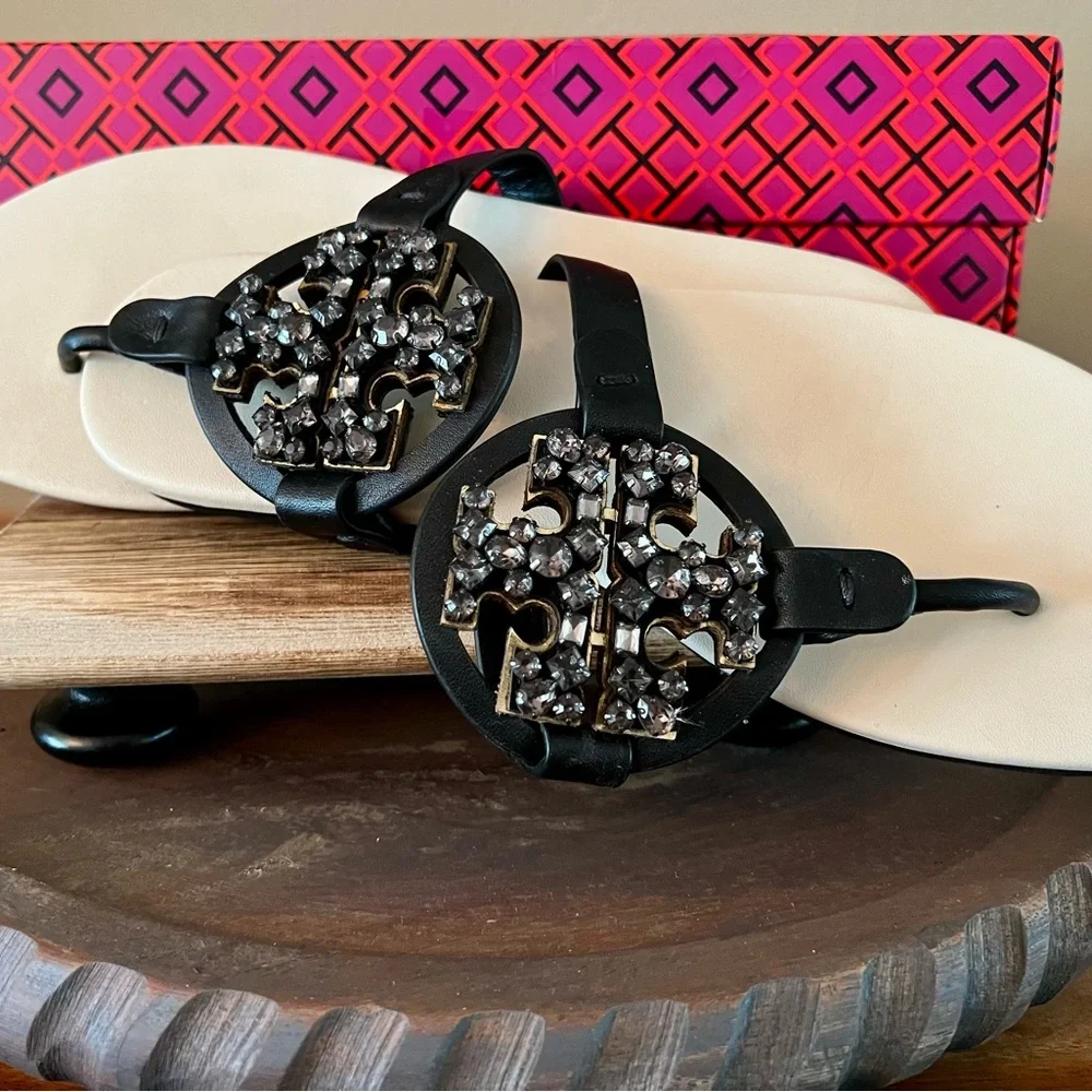 Tory Burch Black and White Rhinestone Miller Sandals - Picture 8 of 9